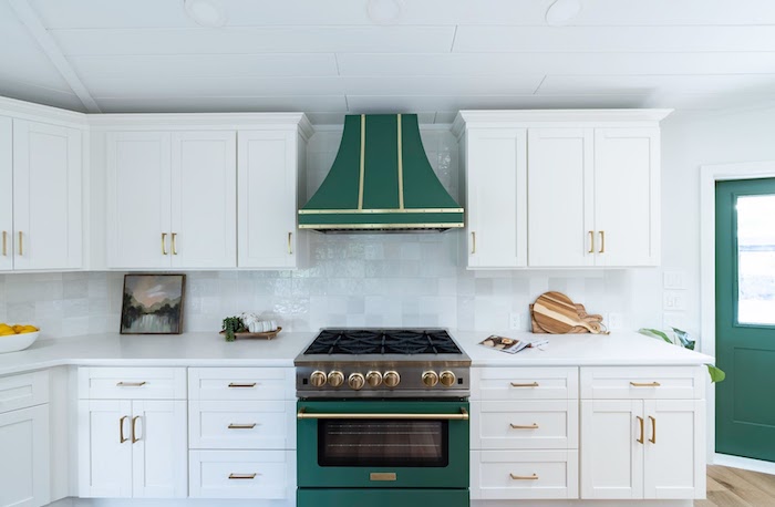 green appliances in white kitchen