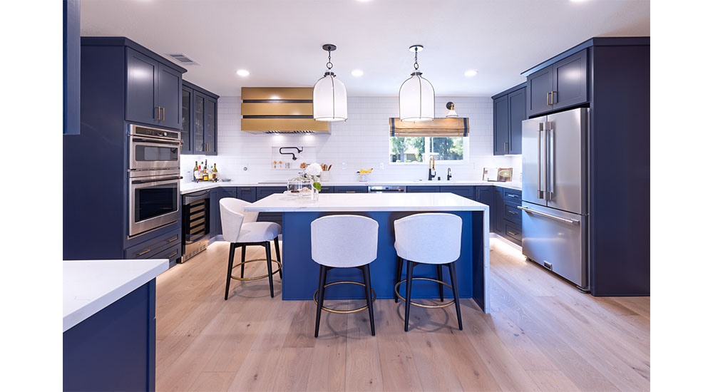 bold blue and white color kitchen by Kathleen jennison