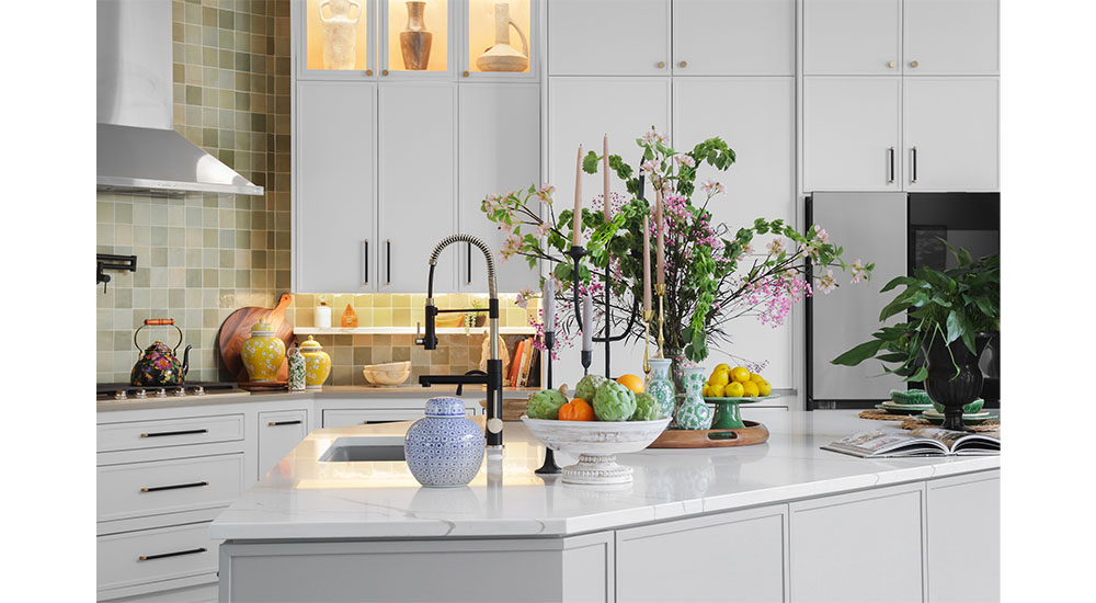 angled island in transitional kitchen