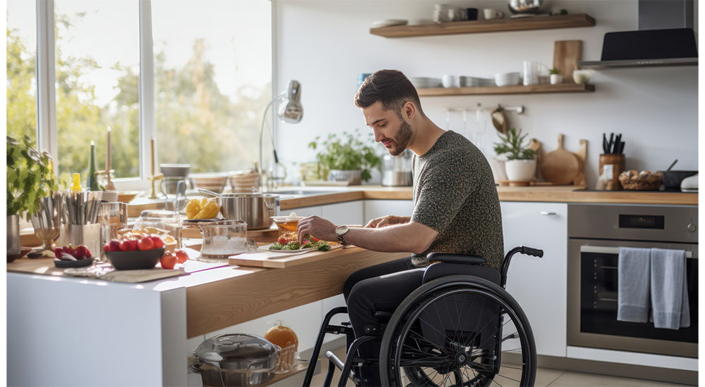 man in wheelchair working in kitchen pro bono design
