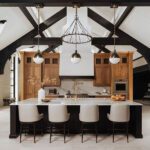 cabinets in kitchen with beamed ceiling