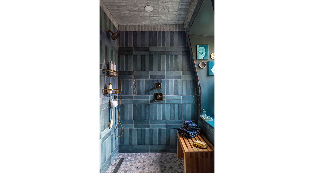 blue tile shower at Kingston design showhouse