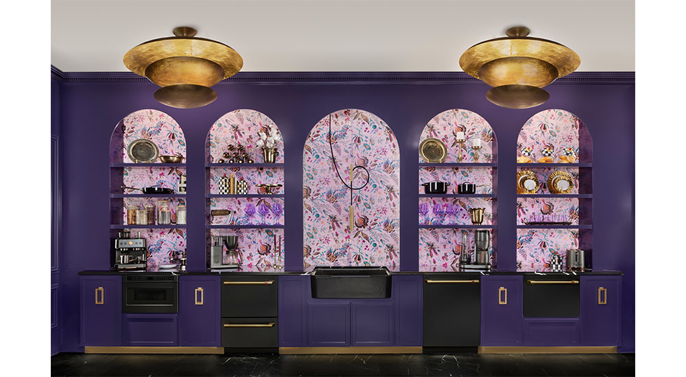 kitchen with purple cabinets and open shelving wallpaper black appliances