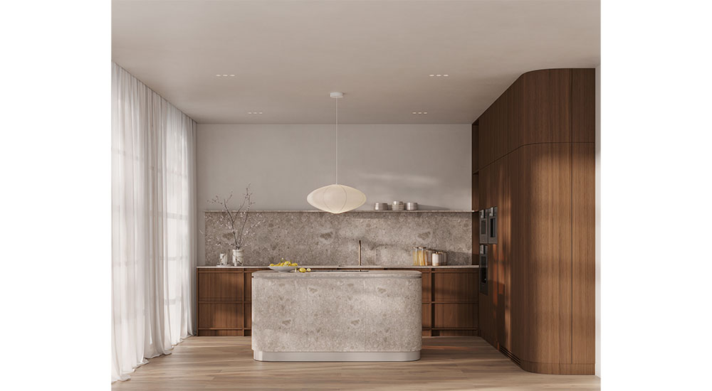 small modern kitchen with rounded corner island