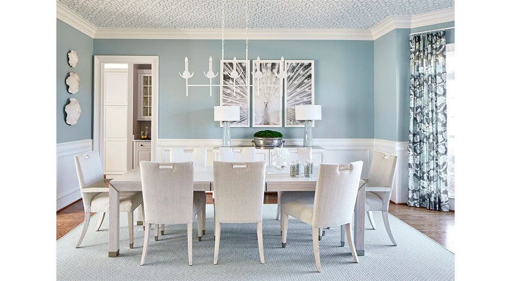 traditional dining room in pale blue and white