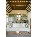 country cottage kitchen mint green cabinets high beamed ceiling