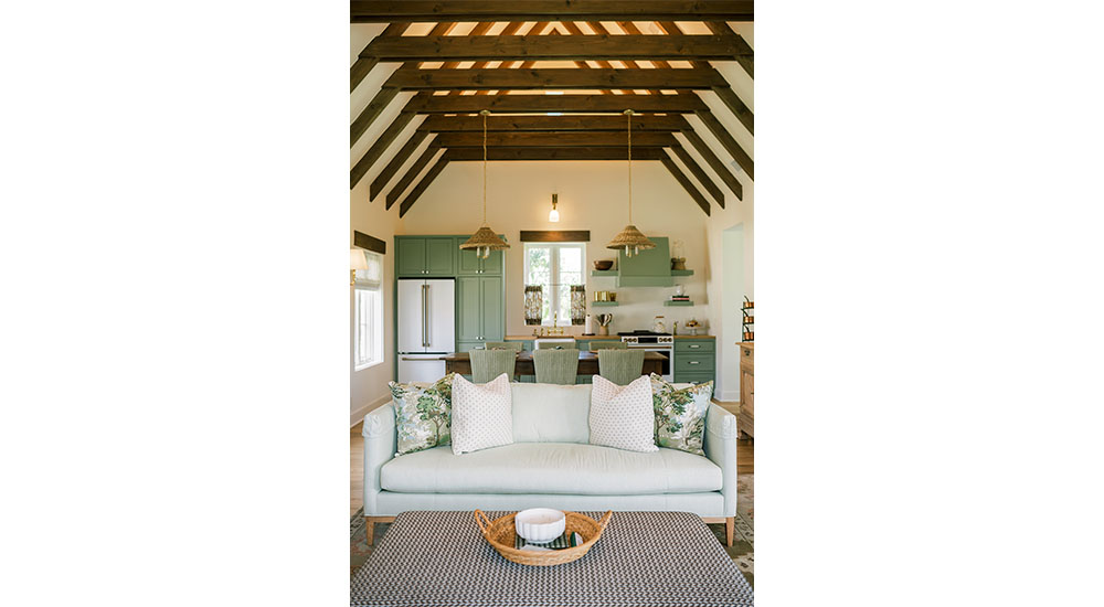 country cottage kitchen mint green cabinets high beamed ceiling