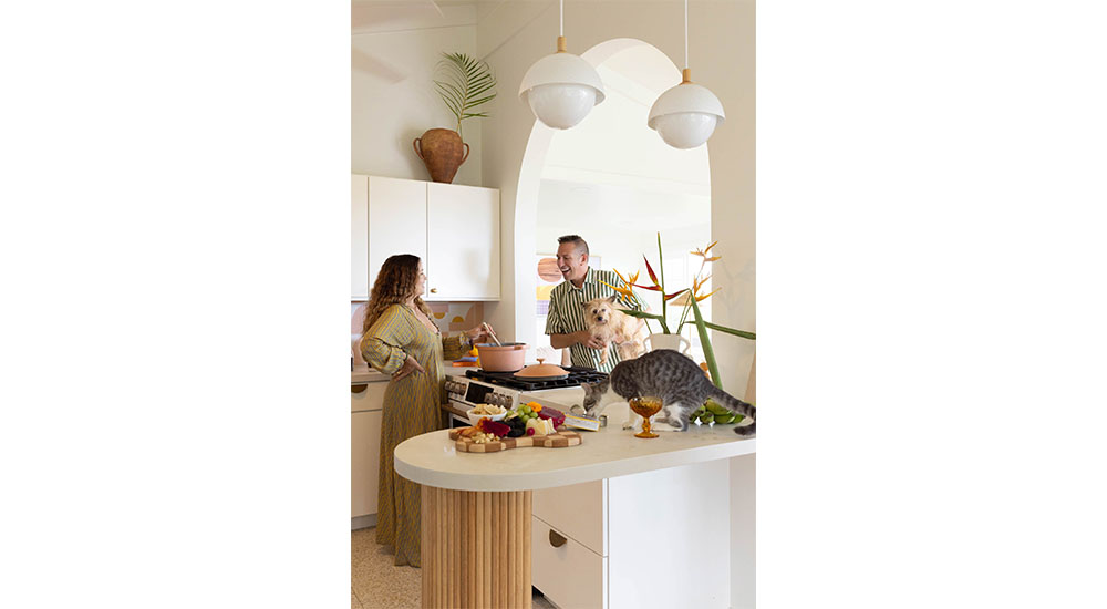 hawaii surfer kitchen peninsula with cat and dog