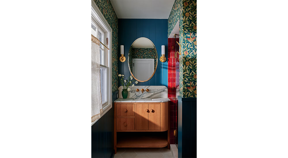 morris & co wallpaper bathroom design by Erica leader of the northwest home