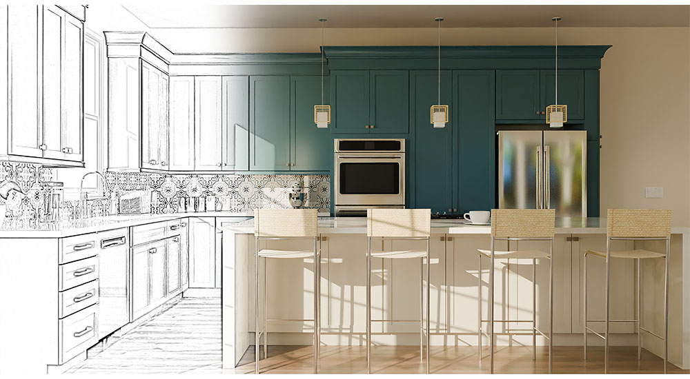 AI image of kitchen and sketch of kitchen
