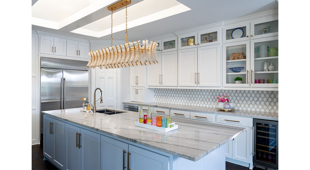 kitchen with blue and white traditional cabinets