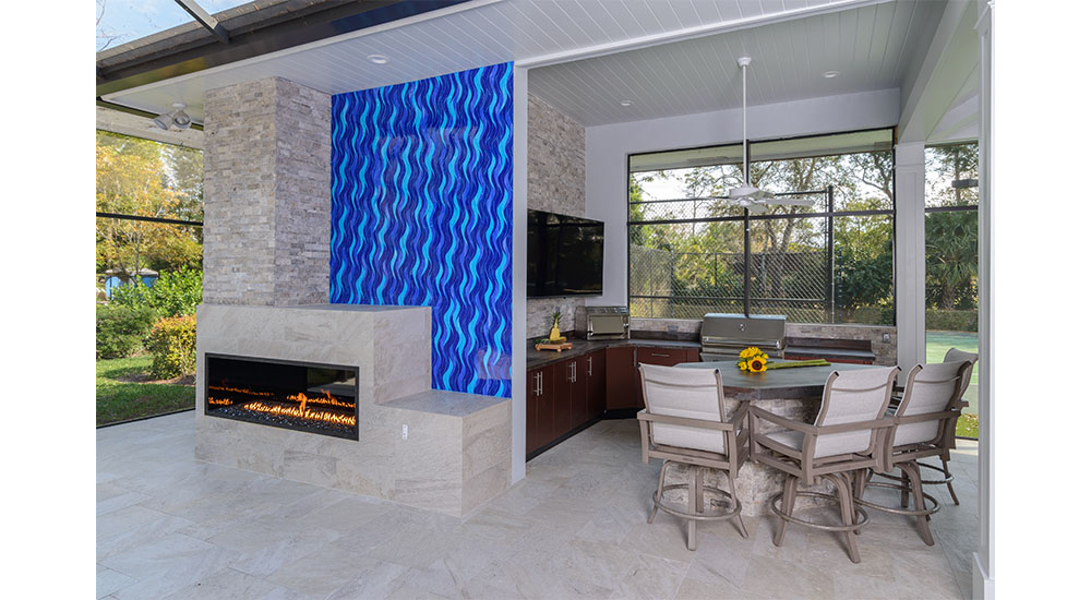 outdoor kitchen with fireplace
