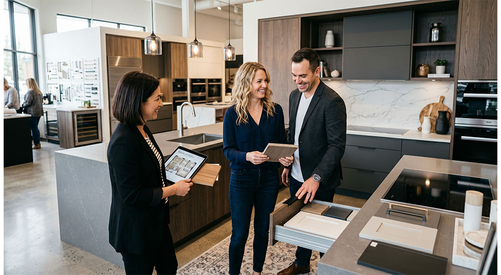 people in kitchen showroom looking at HIRI project decision report