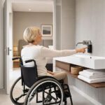 woman in wheelchair using bathroom sink
