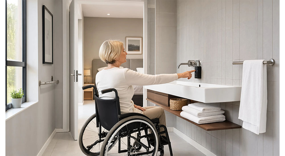 woman in wheelchair using bathroom sink