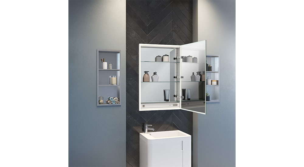 bathroom cabinet door open lighted interior