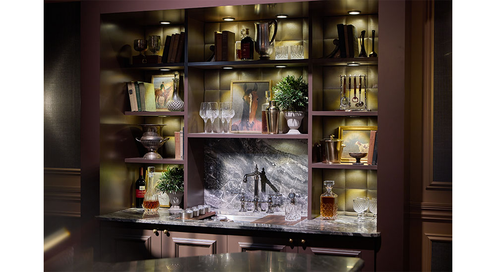 home bar open shelves
