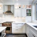 white transitional kitchen with island