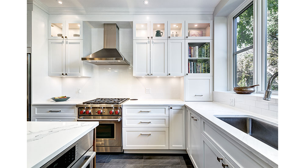 white transitional kitchen with island