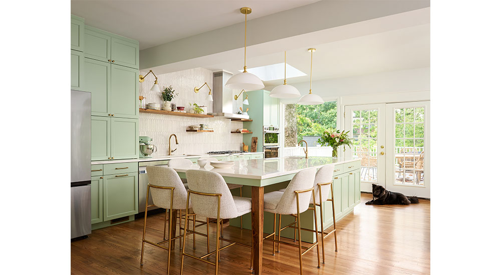 green kitchen with dog