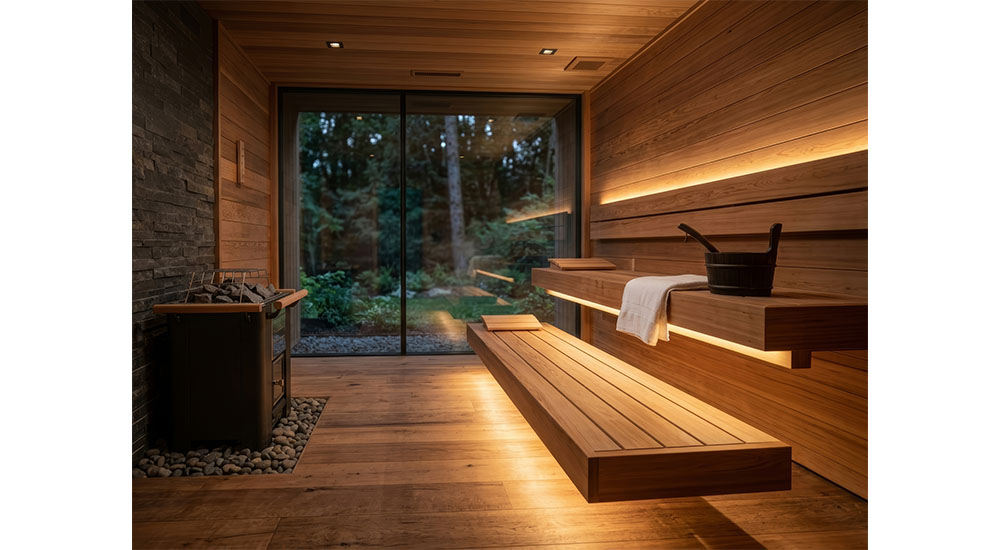 home sauna with garden view