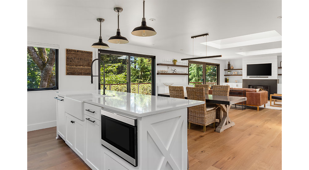 kitchen with microwave drawer designed for aging in place and longevity
