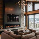 linear fireplace in rustic mountain home