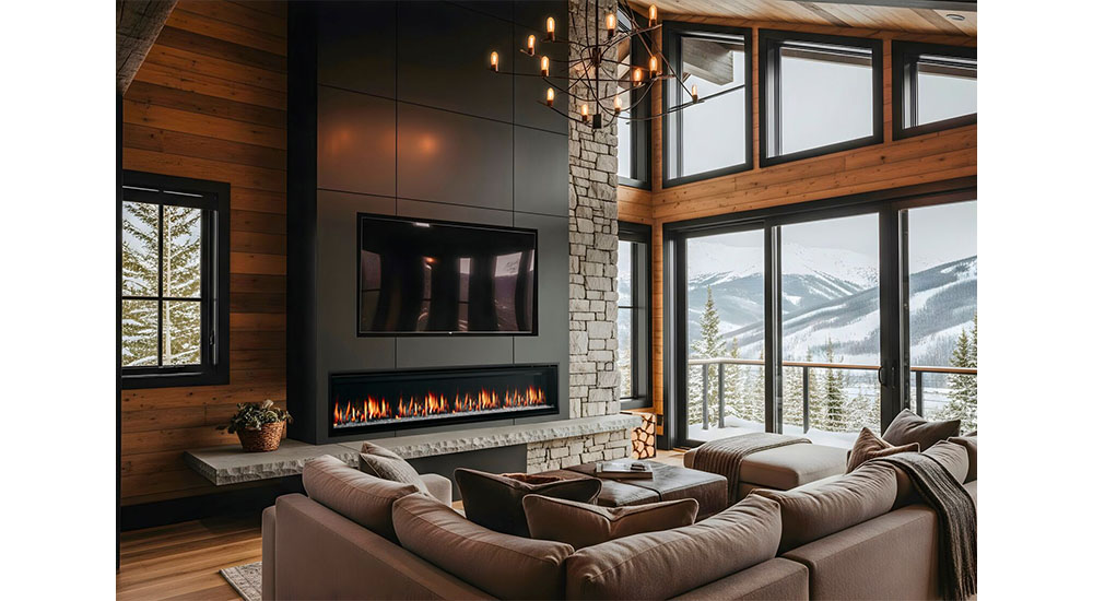 linear fireplace in rustic mountain home