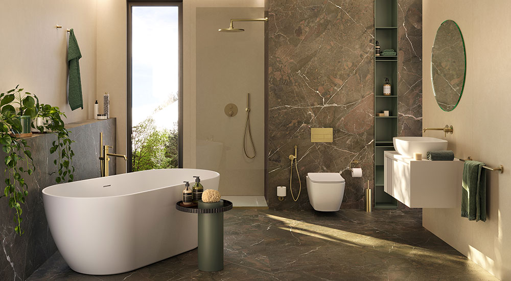 Noken Brushed Brass Finish Bathroom Faucets and Accessories