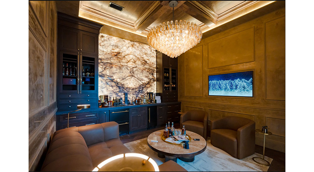 home bar with backlit natural stone backsplash wall umi