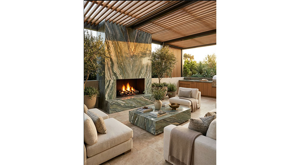 outdoor fireplace with stone surround