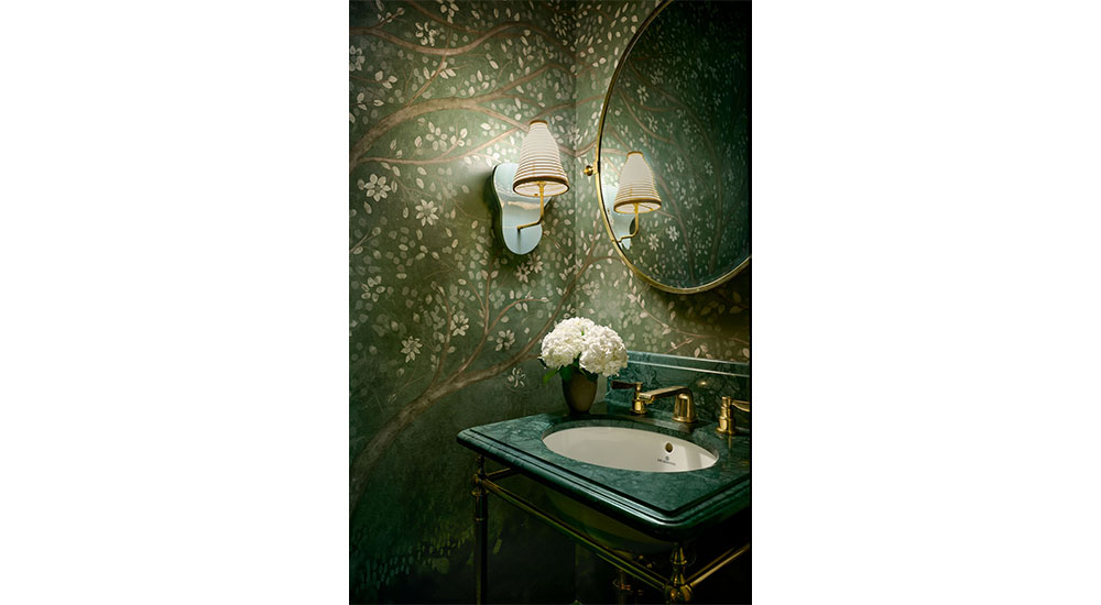 brooklyn heights designer showhouse powder room green floral wallpaper