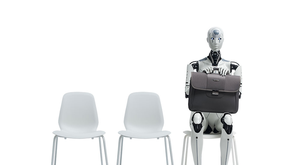 career planning and ai robot waiting for job interview
