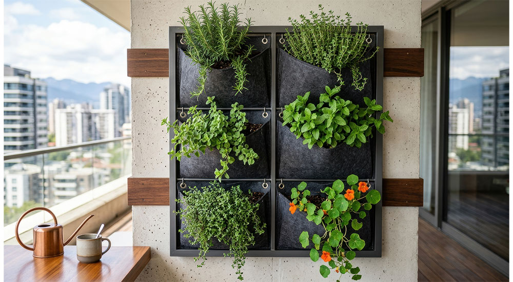 living herb wall with pockets in high rise kitchen