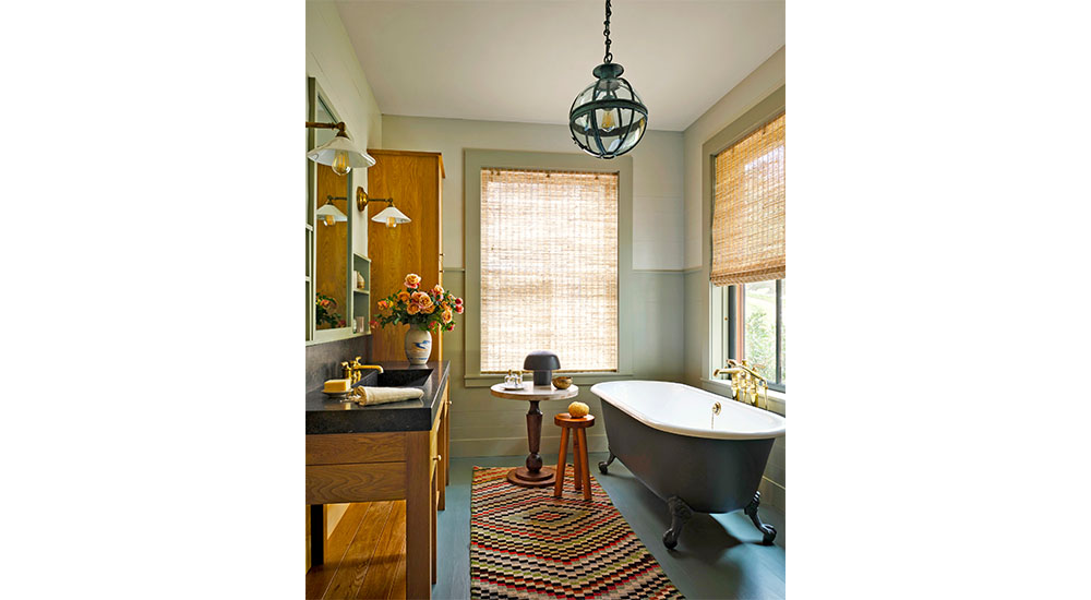 rug in bathroom with bamboo window shades