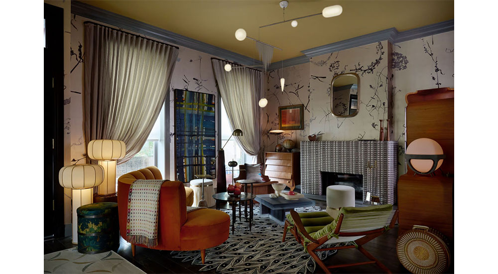 unionworks design living room with eclectic furnishings and fireplace