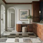 view through arch-top doorways in remodeled bathroom with a new traditional design