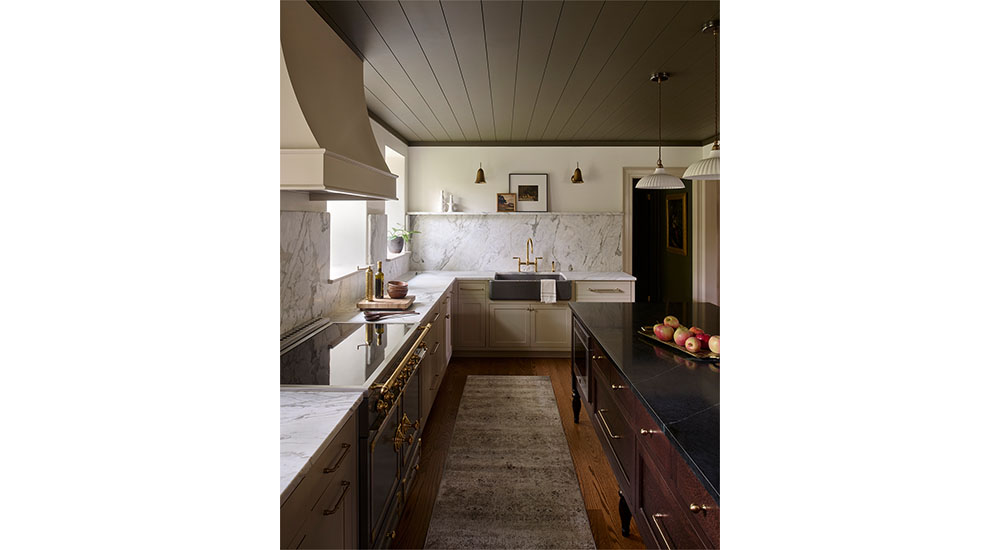 1920s Wilmington kitchen remodel with dark green painted ceiling and la cornue range